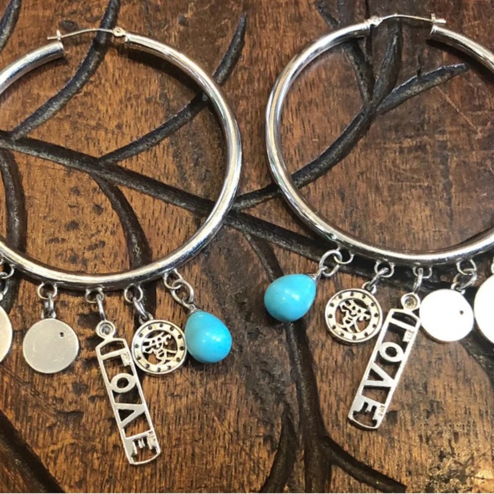 Mary Margrill 14k Gold “Love, I AM Blessed” Diam Turquoise Charms Hoop Earrings - Picture 3 of 8
